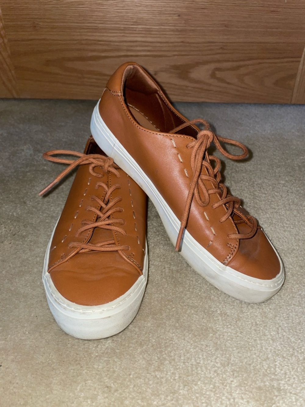 Tan Faux Leather Lace-Up Platform Sneakers